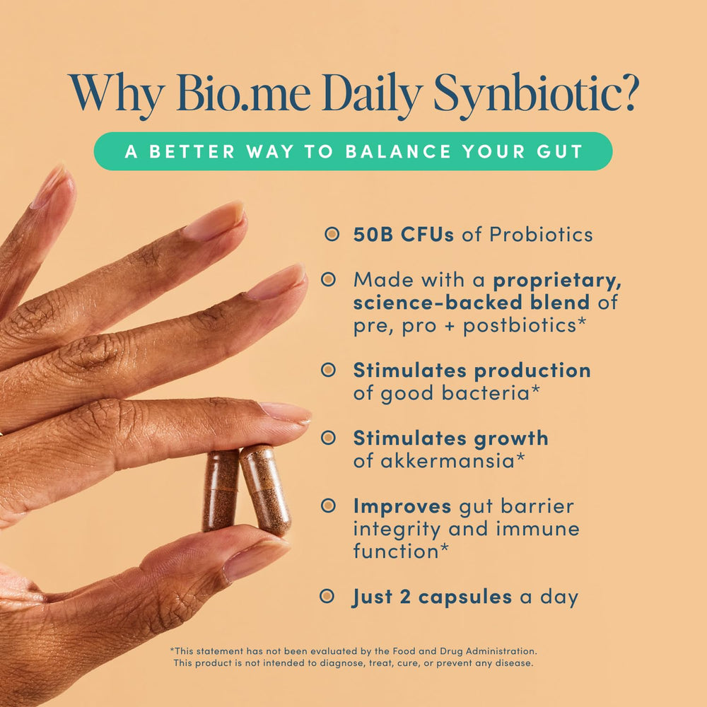 Bio.me Synbiotic capsules closeup highlights vegan, 50B CFU per serving