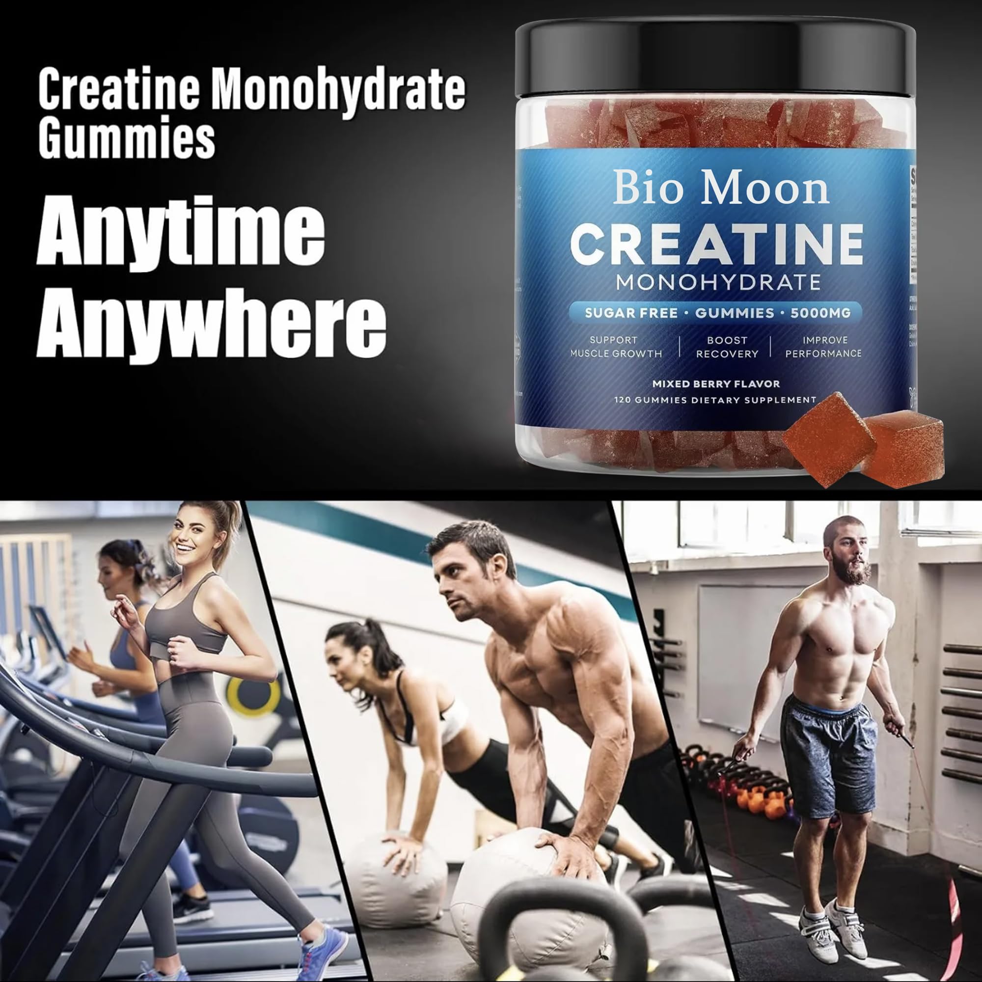 Label detail of Bio Moon Creatine Gummies showing vegan, sugar-free formula.