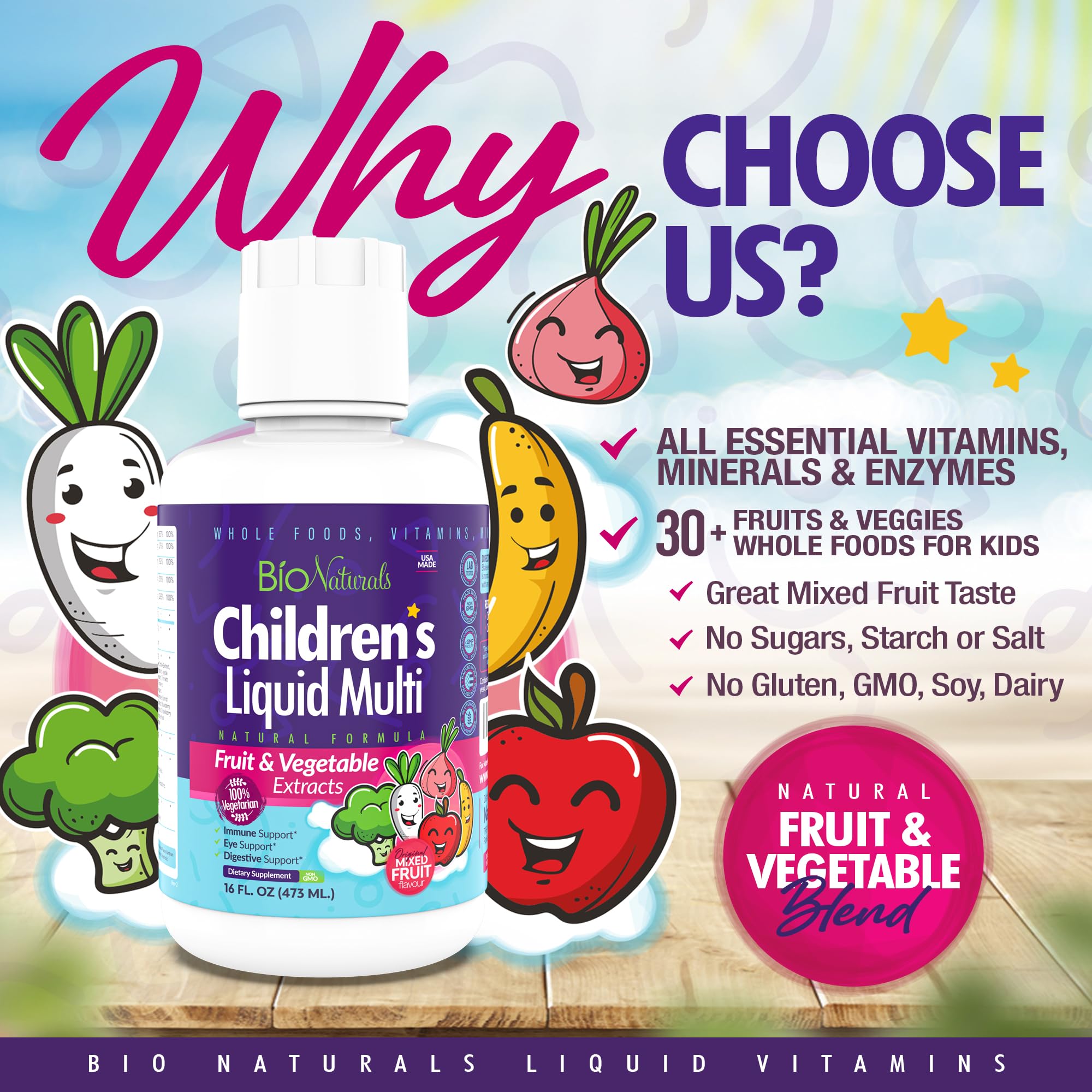 Bio Naturals Fruits and Greens blend supports balanced nutrition for growing children.