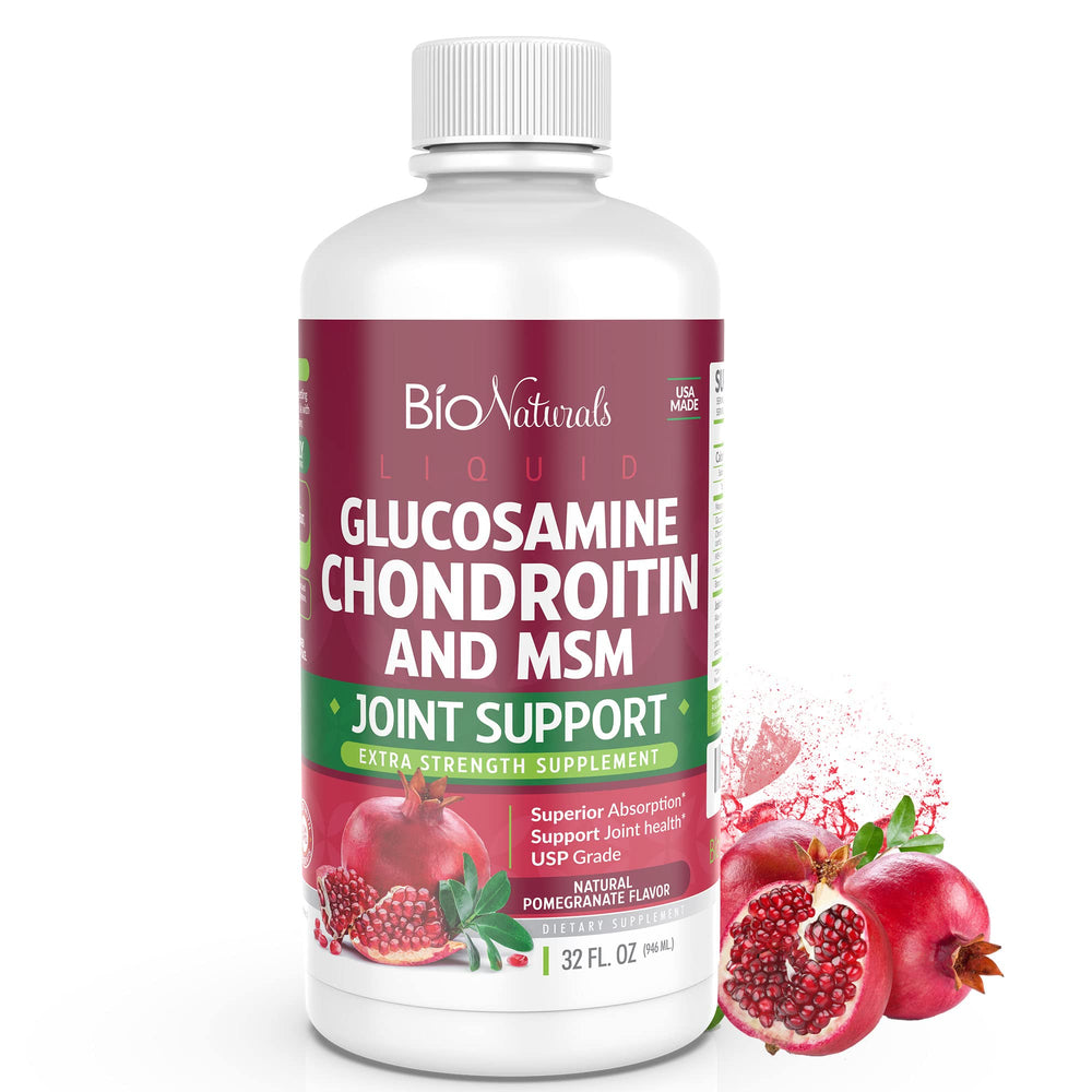 Bio Naturals liquid glucosamine bottle with chondroitin and MSM for joint support.