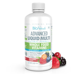 Bio Naturals liquid multivitamin bottle front view for convenient daily wellness.