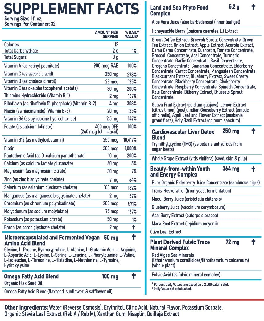 Bio Naturals liquid multivitamin bottle side label highlighting 100+ ingredients.
