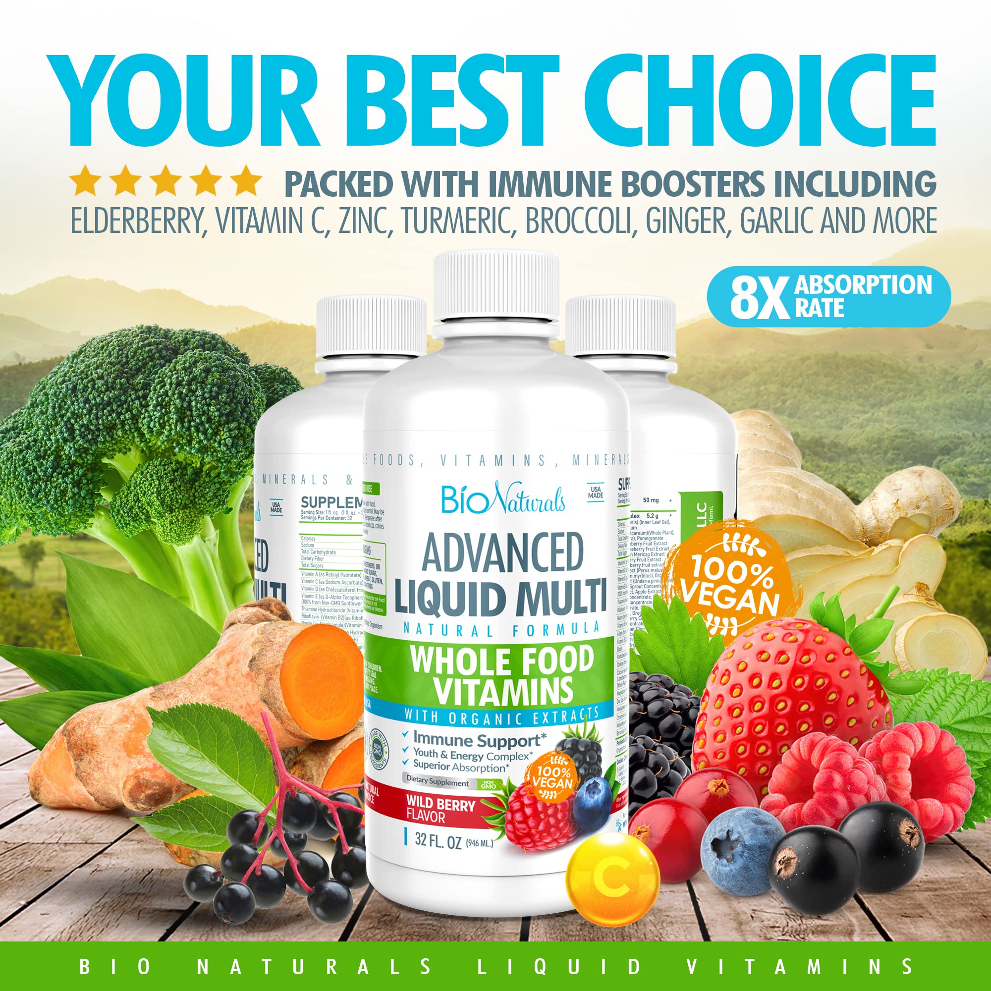 Bio Naturals liquid multivitamin ingredients close-up emphasize plant-based sources.