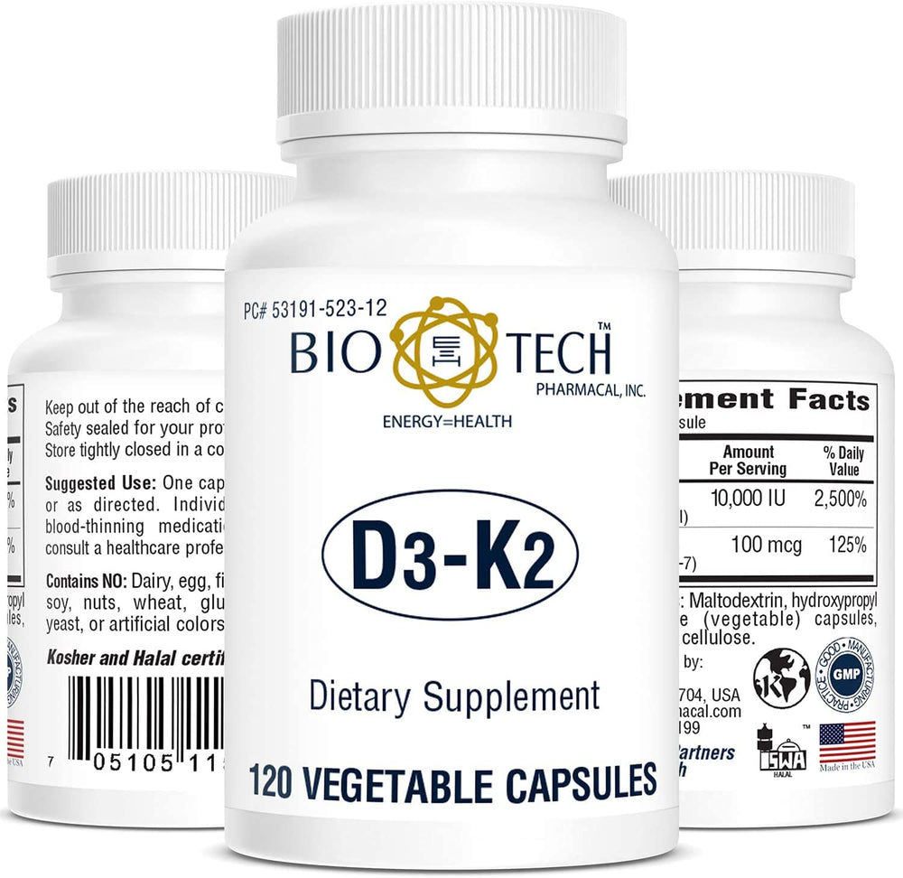 Bio-Tech D3-K2 120 VegCaps bottle shows the supplement for bone and heart health support.