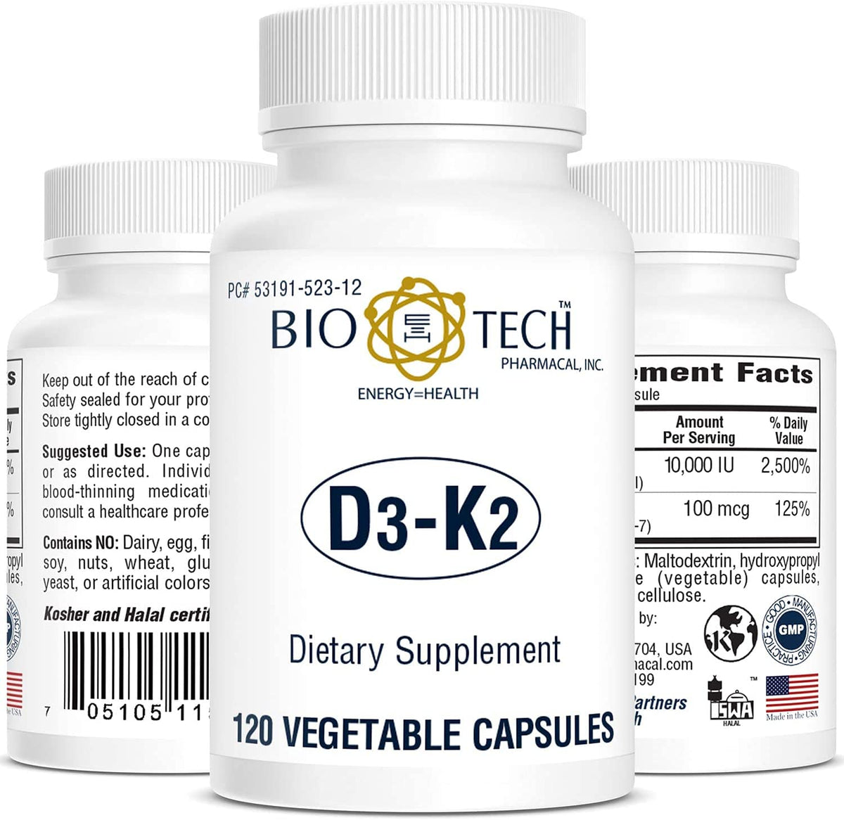 Bio-Tech D3-K2 120 VegCaps bottle shows the supplement for bone and heart health support.