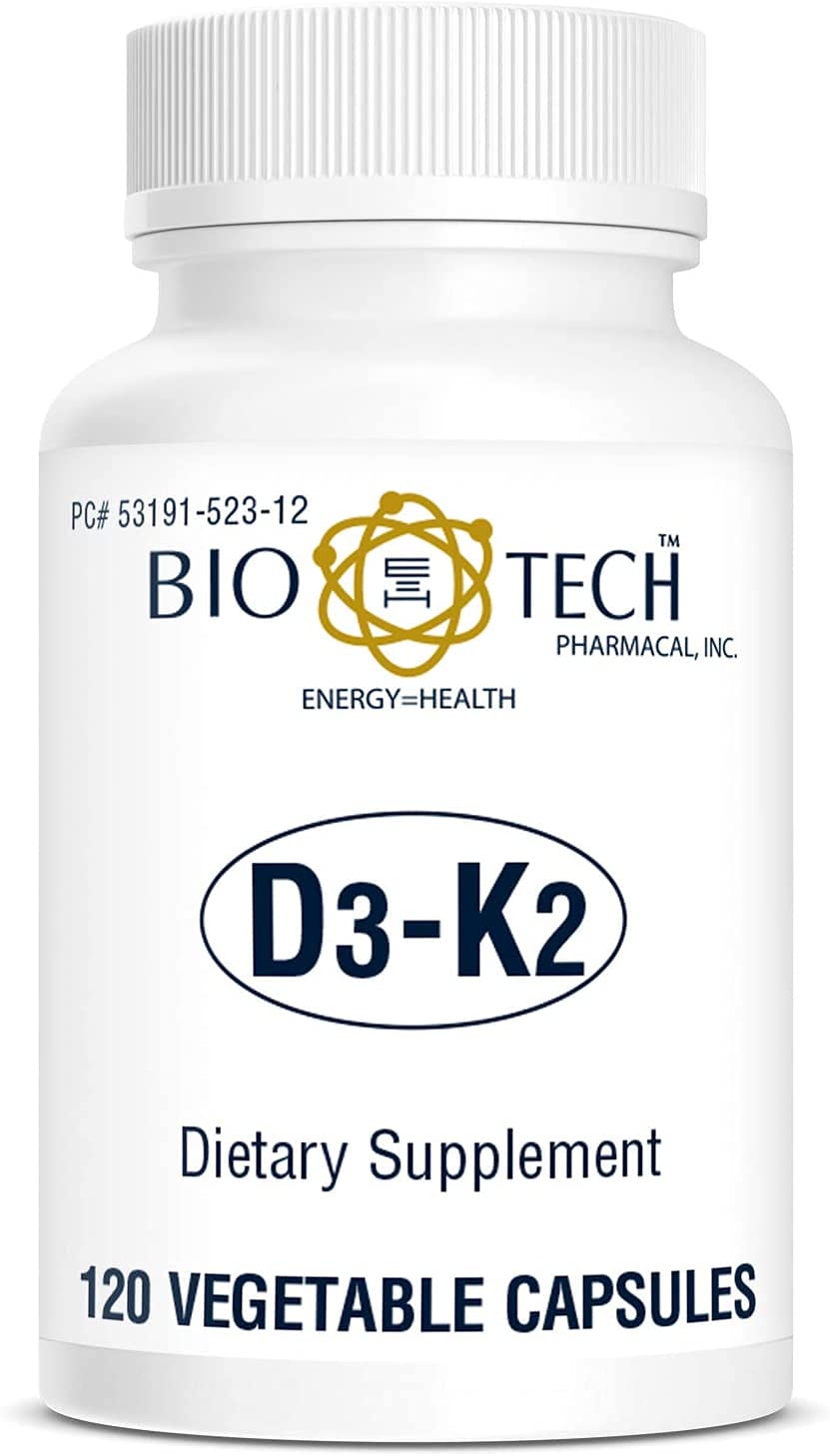 Bio-Tech D3-K2 120 VegCaps label highlights ingredients for daily vitamin D3 and K2.