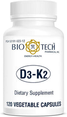 Bio-Tech D3-K2 120 VegCaps label highlights ingredients for daily vitamin D3 and K2.