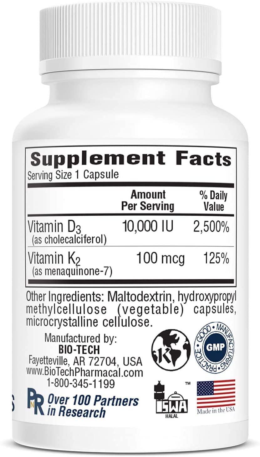 Bio-Tech D3-K2 120 VegCaps nutrition facts panel emphasizes balanced vitamin D3 and K2 intake.