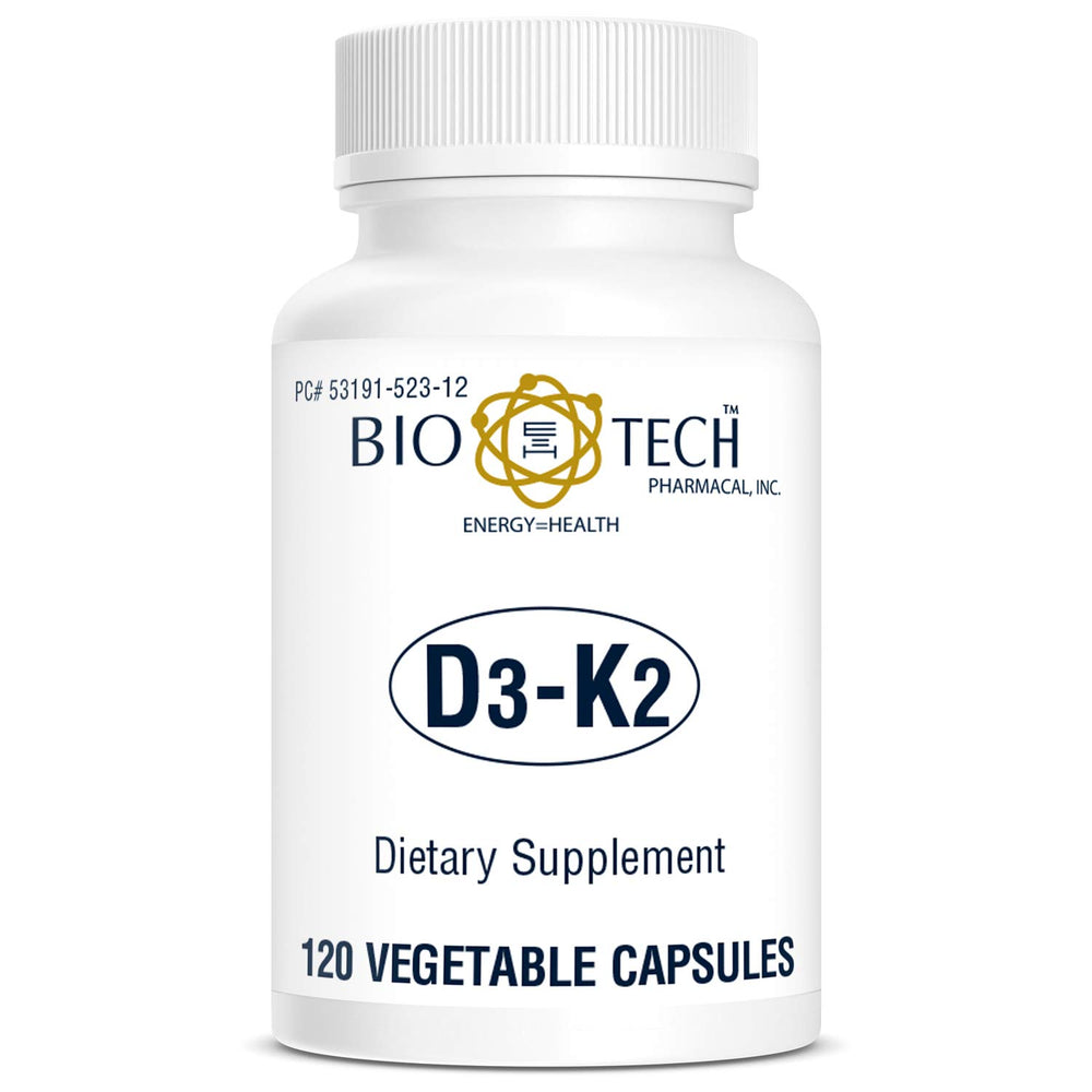 Bio-Tech D3-K2 120 VegCaps packaging demonstrates a bottle-friendly design for on-the-go supplementation.
