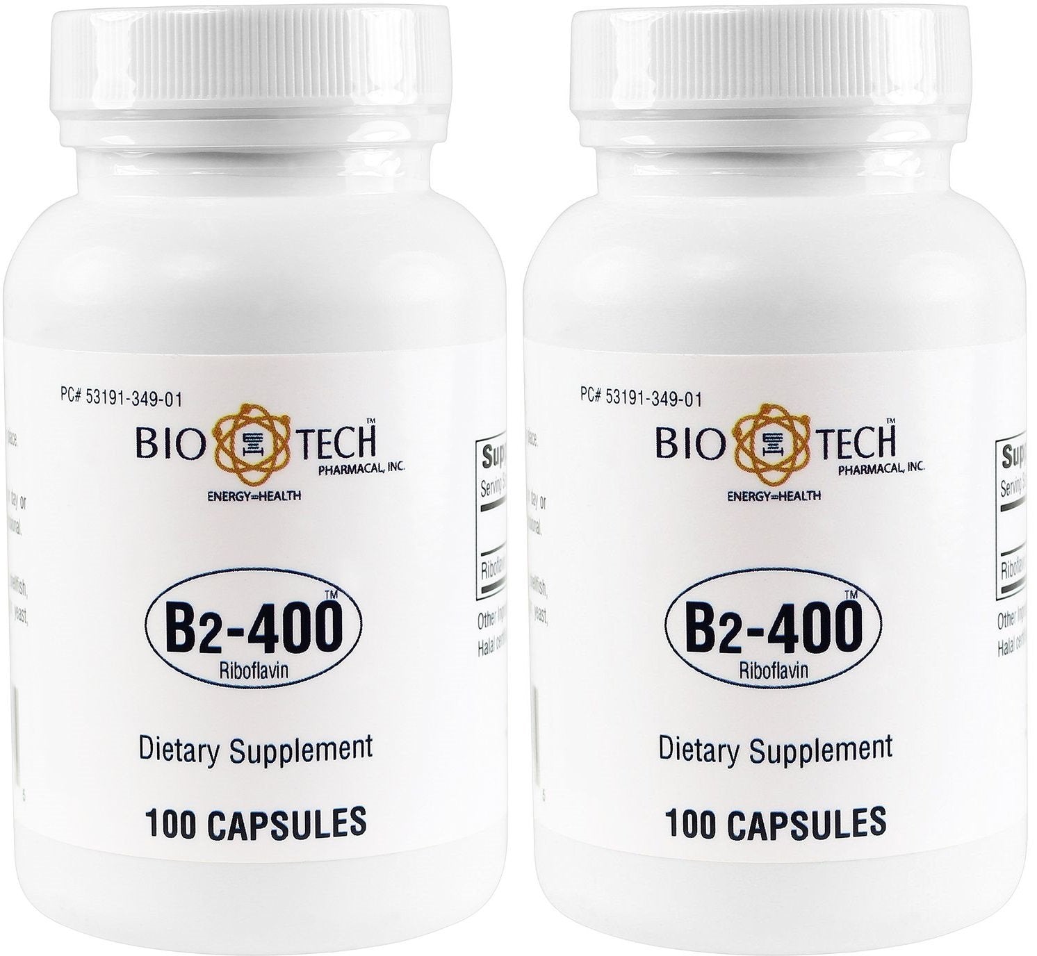 Bio-Tech Pharmacal B2-400 riboflavin bottle front with 2-pack, supports normal energy metabolism.