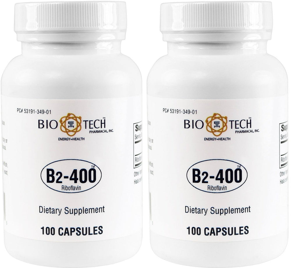 Bio-Tech Pharmacal B2-400 riboflavin bottle front with 2-pack, supports normal energy metabolism.
