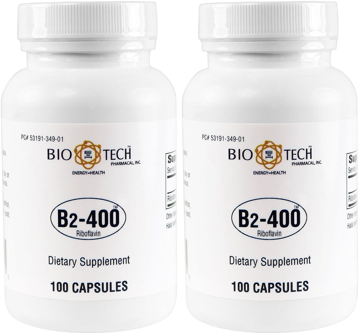 Bio-Tech Pharmacal B2-400 riboflavin bottle front with 2-pack, supports normal energy metabolism.