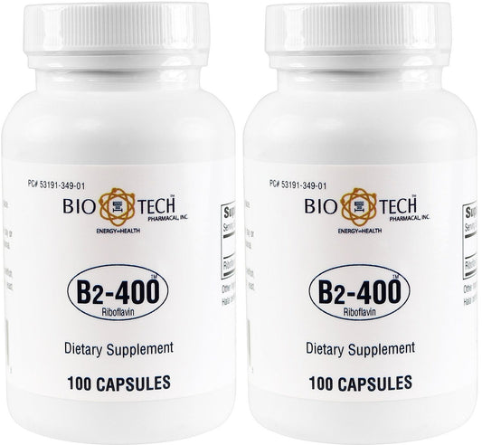 Bio-Tech Pharmacal B2-400 riboflavin bottle front with 2-pack, supports normal energy metabolism.