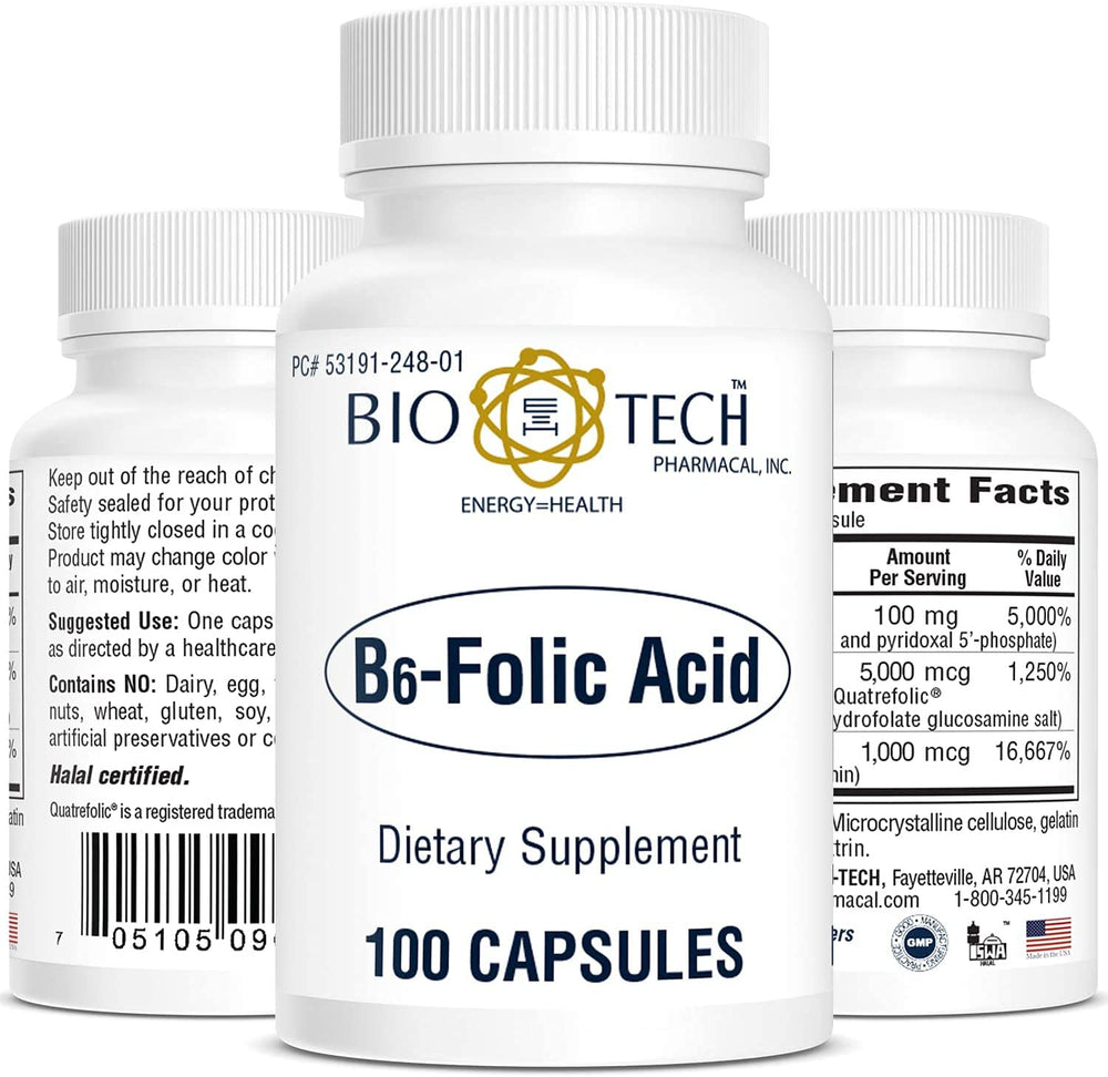 Bio-Tech Pharmacal B6-Folic Acid capsules in hand, portable daily support