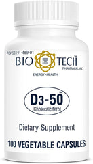 Bio-Tech Pharmacal D3-50 bottle highlighting high-potency vitamin D3 for bone and immune support.