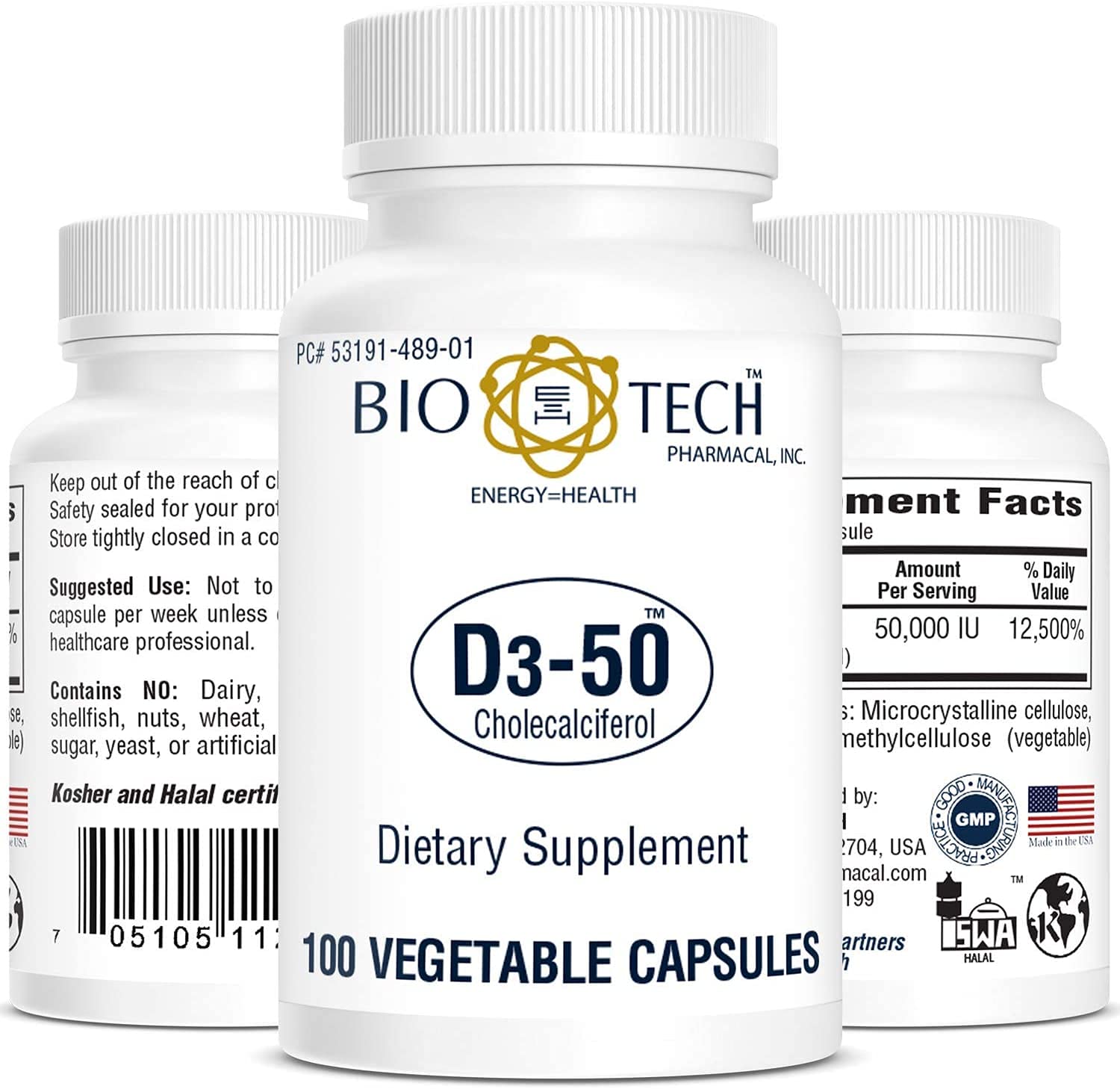 Bio-Tech Pharmacal D3-50 capsules illustrating potent daily vitamin D3 for nutrient balance.