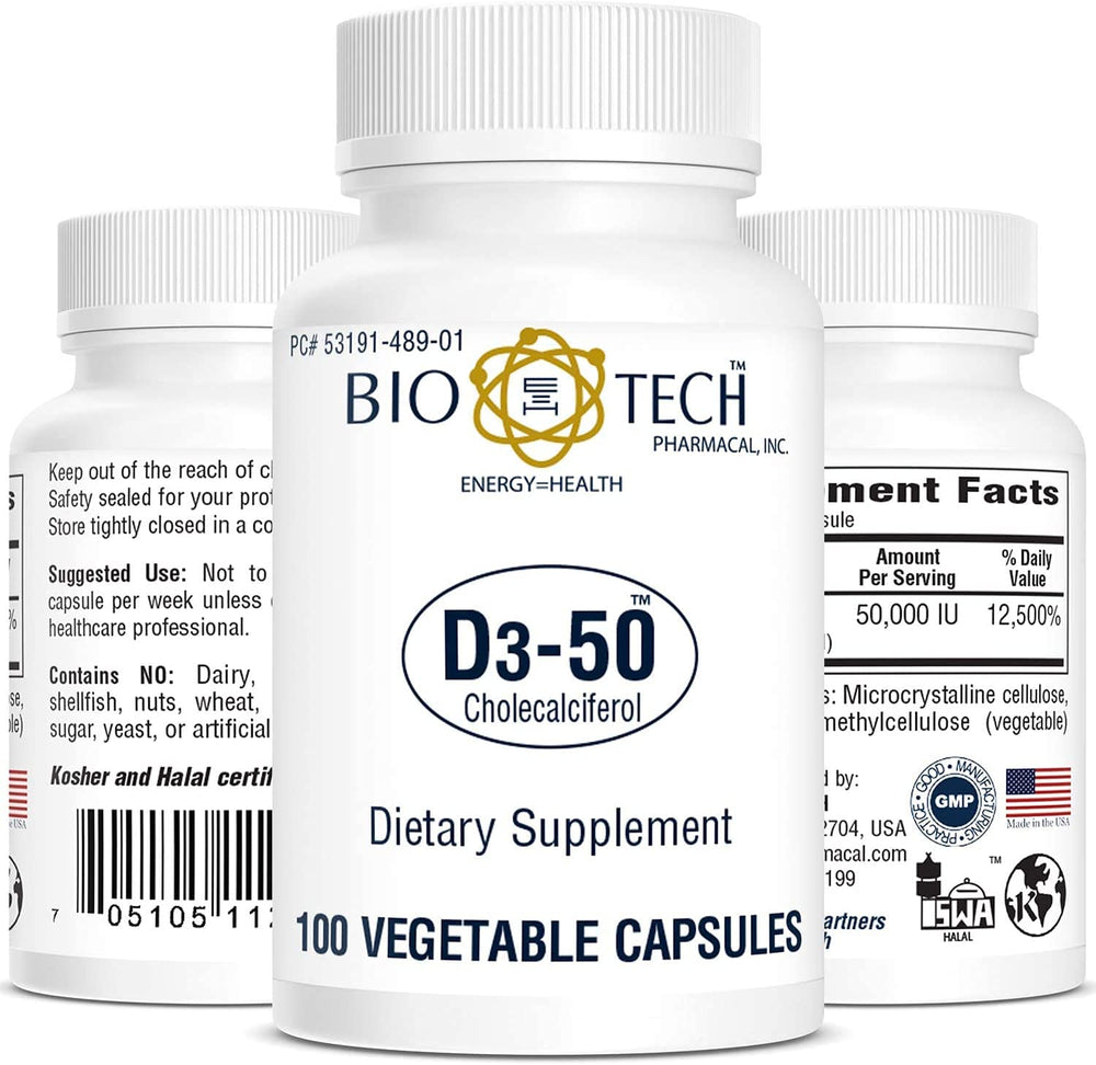 Bio-Tech Pharmacal D3-50 capsules illustrating potent daily vitamin D3 for nutrient balance.