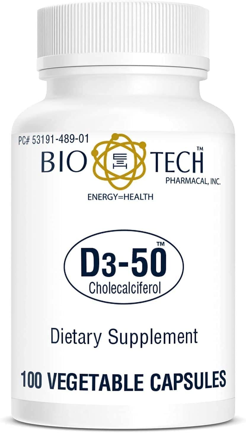 Bio-Tech Pharmacal D3-50 packaging showing convenient vegetable capsules for allergy-friendly routines.