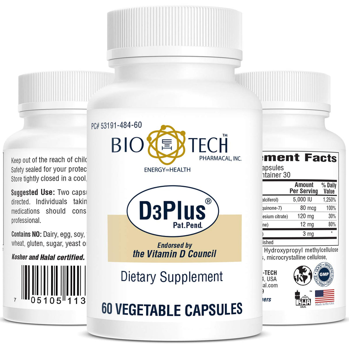 Bio-Tech Pharmacal D3 Plus bottle pouring, a convenient daily supplement for bone and immune support.