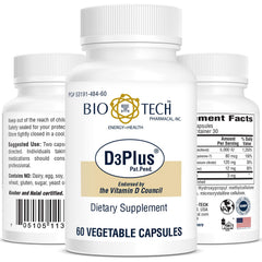 Bio-Tech Pharmacal D3 Plus bottle pouring, a convenient daily supplement for bone and immune support.
