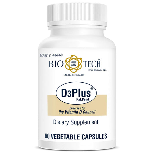 Bio-Tech Pharmacal D3 Plus capsules close-up, a simple daily vitamin D source.