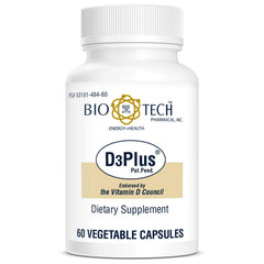 Bio-Tech Pharmacal D3 Plus capsules close-up, a simple daily vitamin D source.