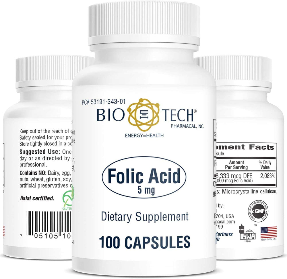 Close-up of Bio-Tech Pharmacal folic acid 5mg capsules for daily use.