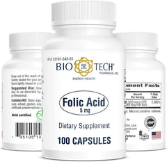 Close-up of Bio-Tech Pharmacal folic acid 5mg capsules for daily use.