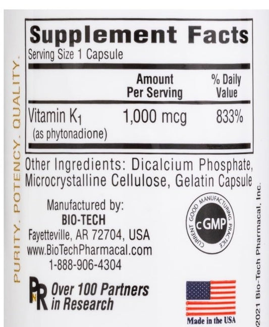 Bio-Tech Pharmacal K1-1000 capsules for convenient daily supplementation.