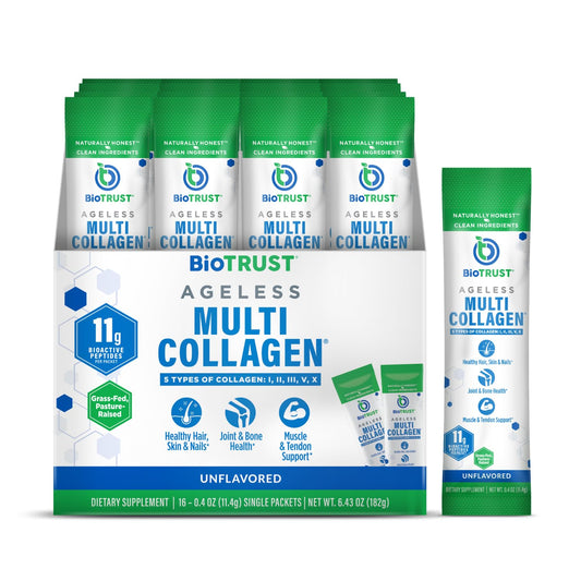BioTrust Ageless Multi Collagen packets ready to mix for quick daily use