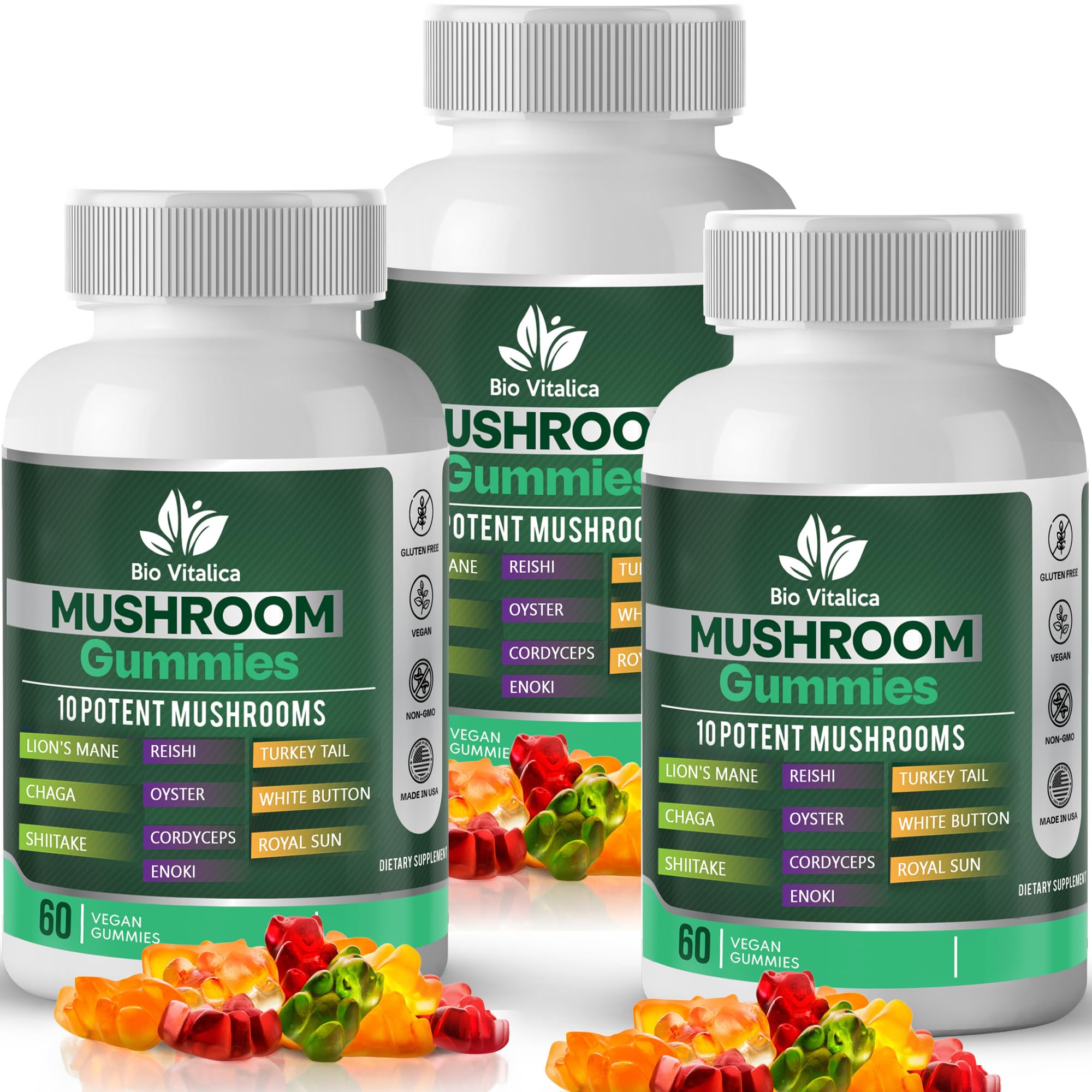BIO VITALICA Mushroom Gummies bottle front showing 60 gummies for daily wellness