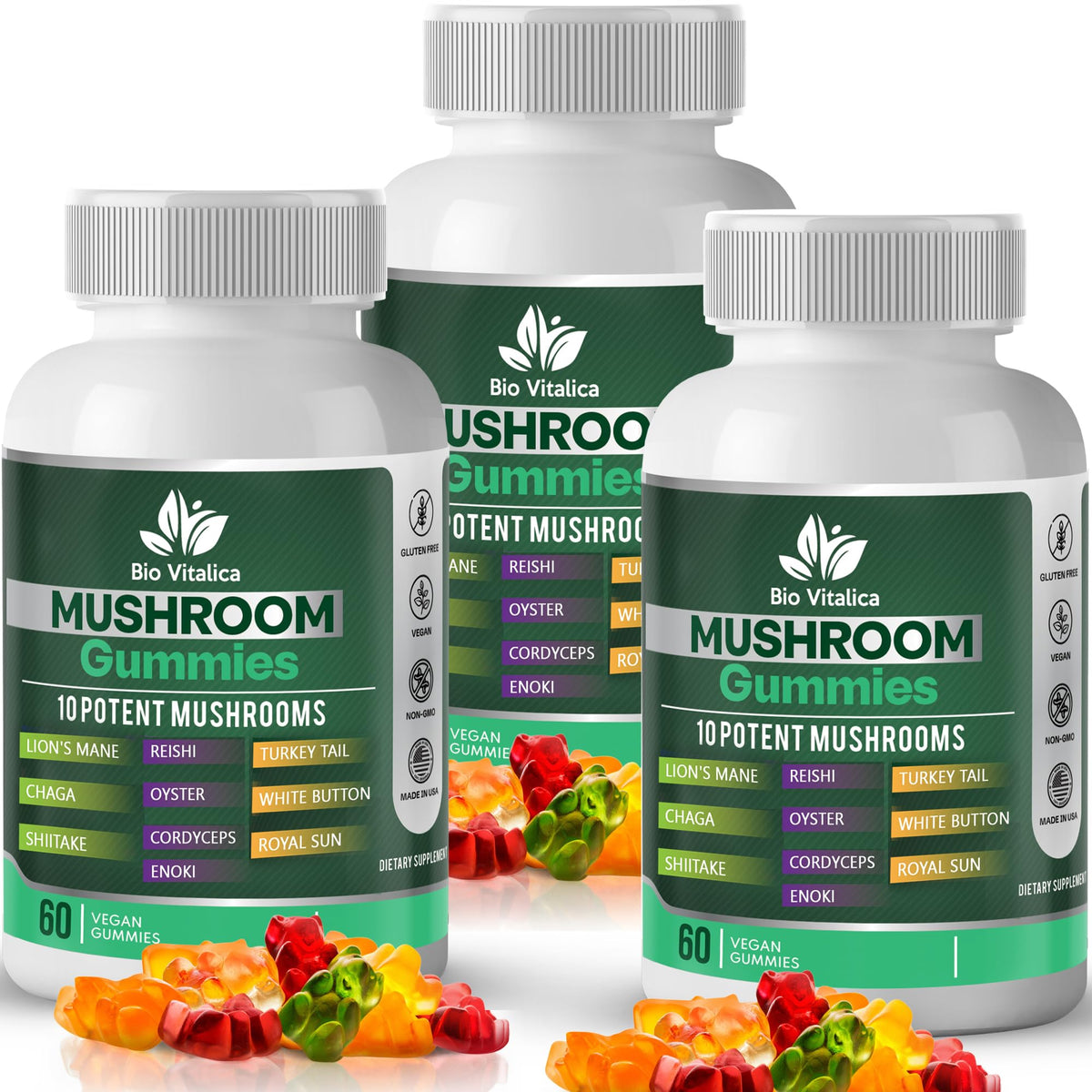 BIO VITALICA Mushroom Gummies bottle front showing 60 gummies for daily wellness