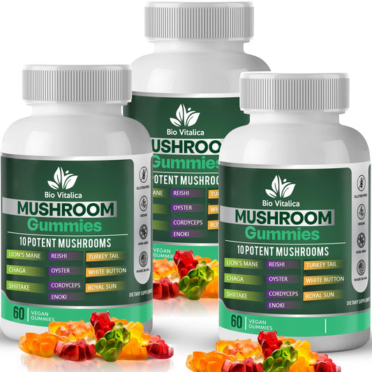 BIO VITALICA Mushroom Gummies bottle front showing 60 gummies for daily wellness