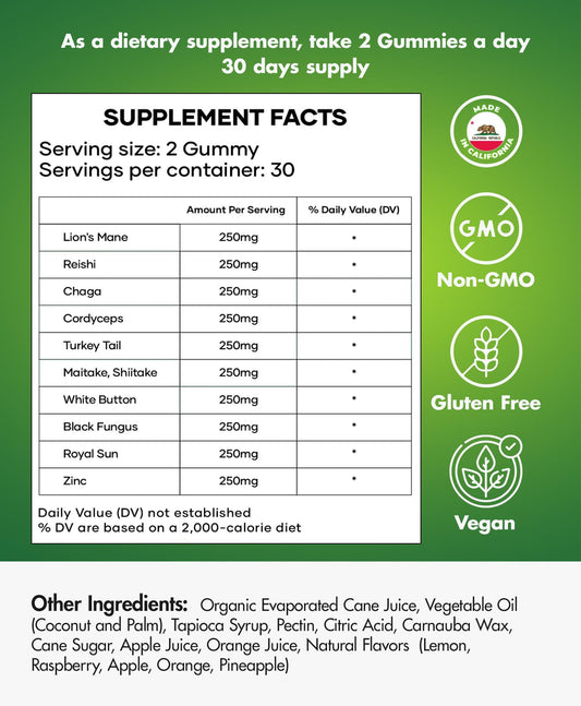 BIO VITALICA Mushroom Gummies label close-up highlighting the 10-mushroom blend