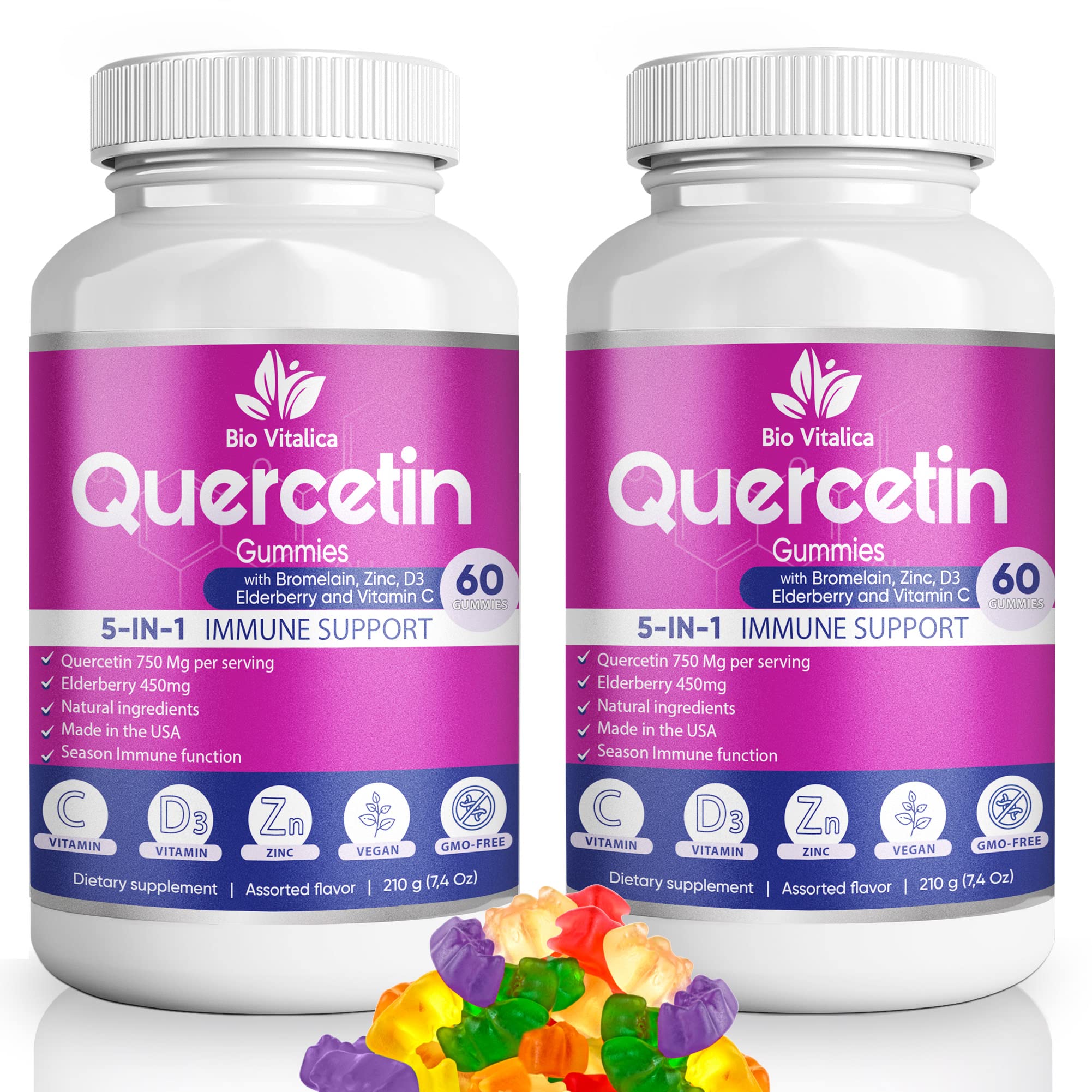 Bio Vitalica Quercetin Gummies bottle front view for daily immune support and easy routine.