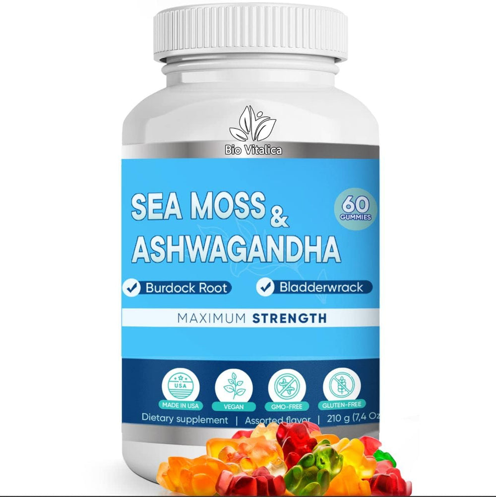 BioVitalica Sea Moss Ashwagandha Gummies packaging highlights vegan wellness for daily energy.