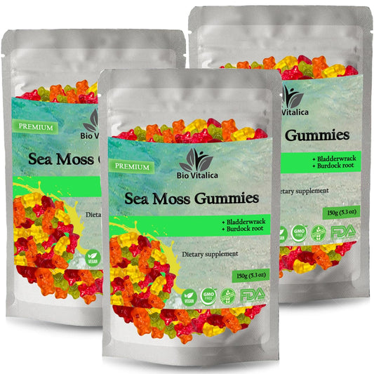 BIO VITALICA Sea Moss Gummies bottle close-up highlighting mineral-rich sea moss imagery