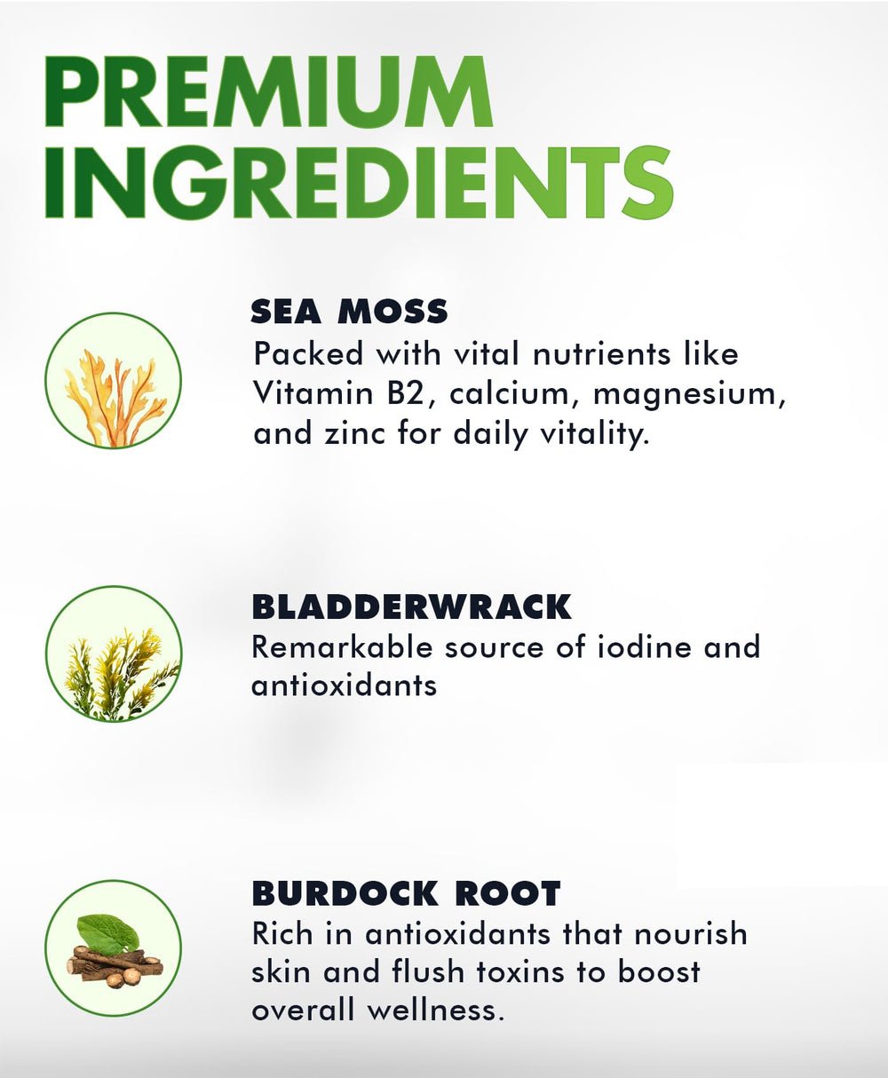 BIO VITALICA Sea Moss Gummies label highlights vegan, non GMO, gluten free ingredients.