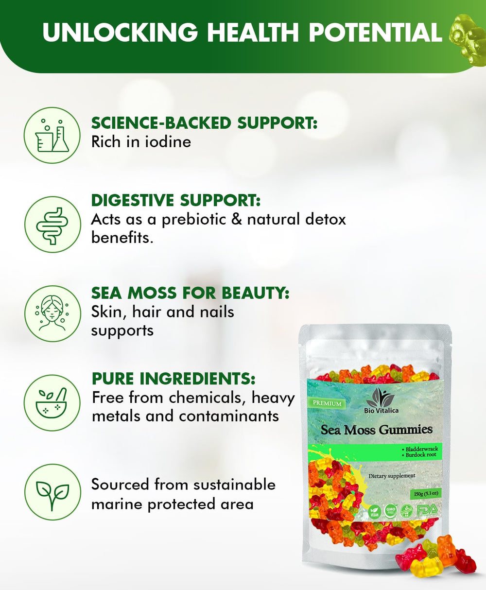 BIO VITALICA Sea Moss Gummies label highlights vegan and gluten-free attributes