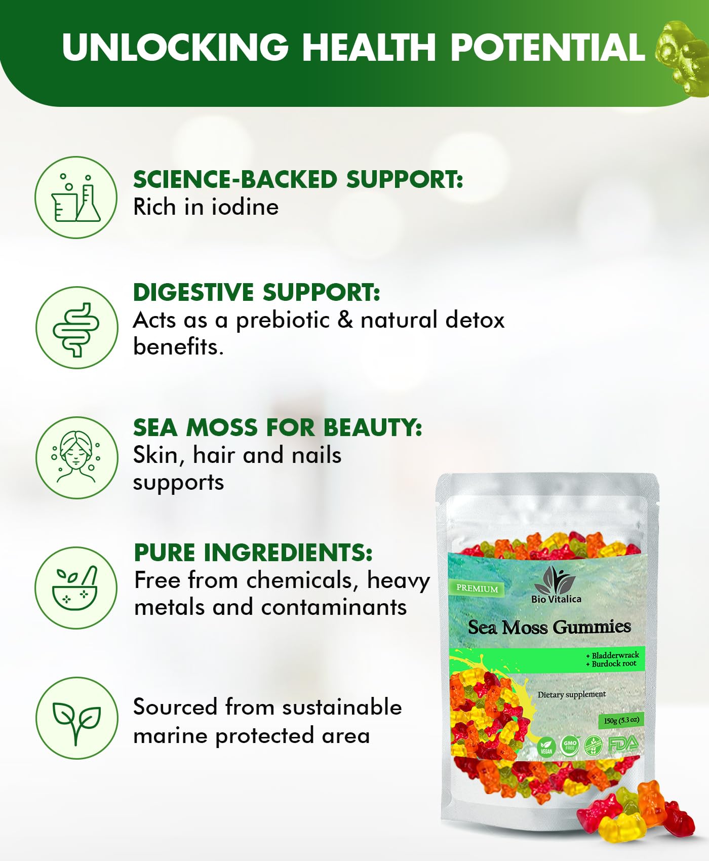 BIO VITALICA Sea Moss Gummies packaging emphasizes wildcrafted sea moss from protected zones.
