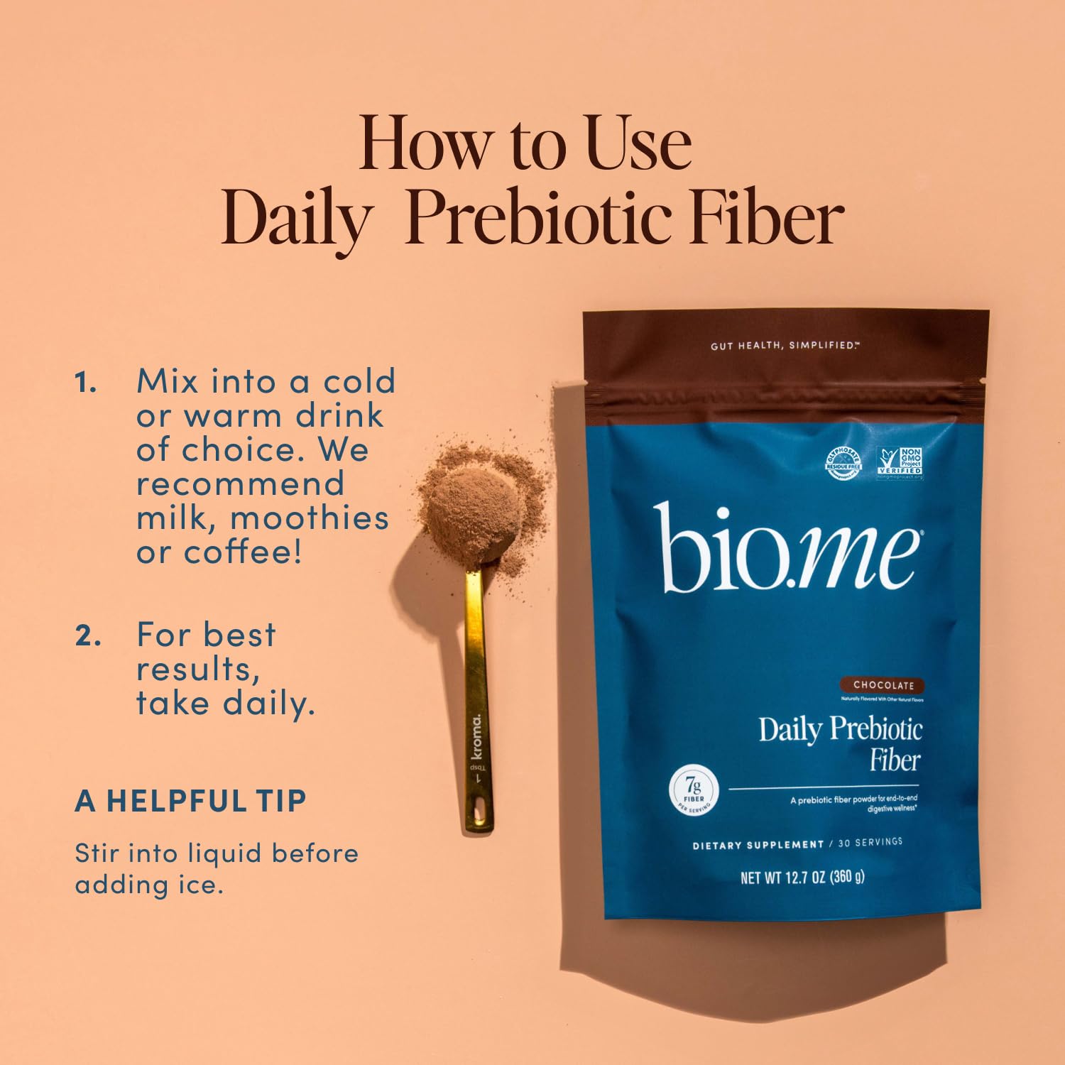 Bowl with stirred Bio.me powder showing smooth texture and mixability.