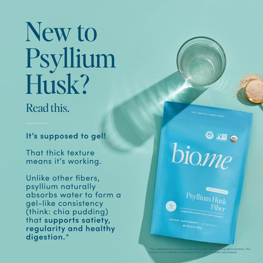 Bio.me psyllium husk fiber mix in glass for quick gel formation.