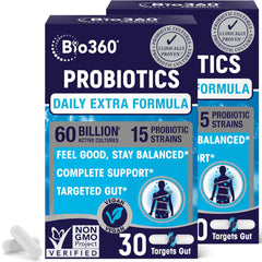 Bio360 extra-strength probiotic bottle highlighting digestive health support and on-the-go benefits.