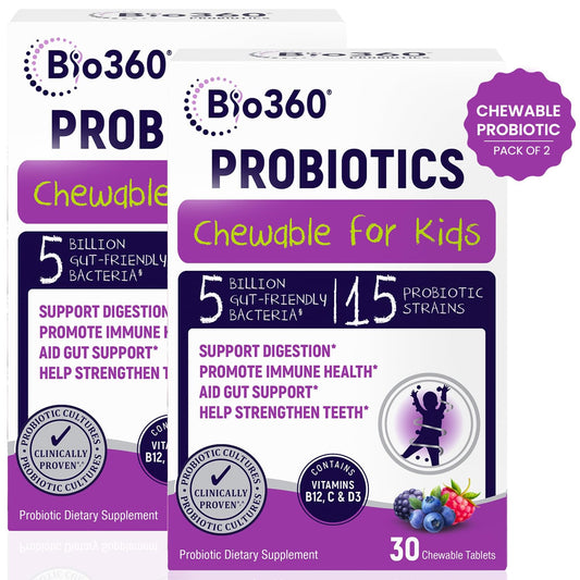 Bio360 Kids Probiotic chewables in berry flavor bottle for digestive support