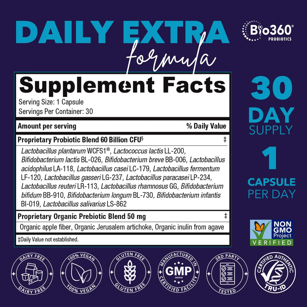 Bio360 probiotic capsules label emphasizing 60 billion CFU and multiple strains.