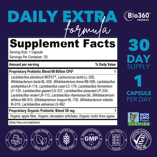 Bio360 probiotic capsules label emphasizing 60 billion CFU and multiple strains.