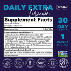 Bio360 probiotic capsules label emphasizing 60 billion CFU and multiple strains.