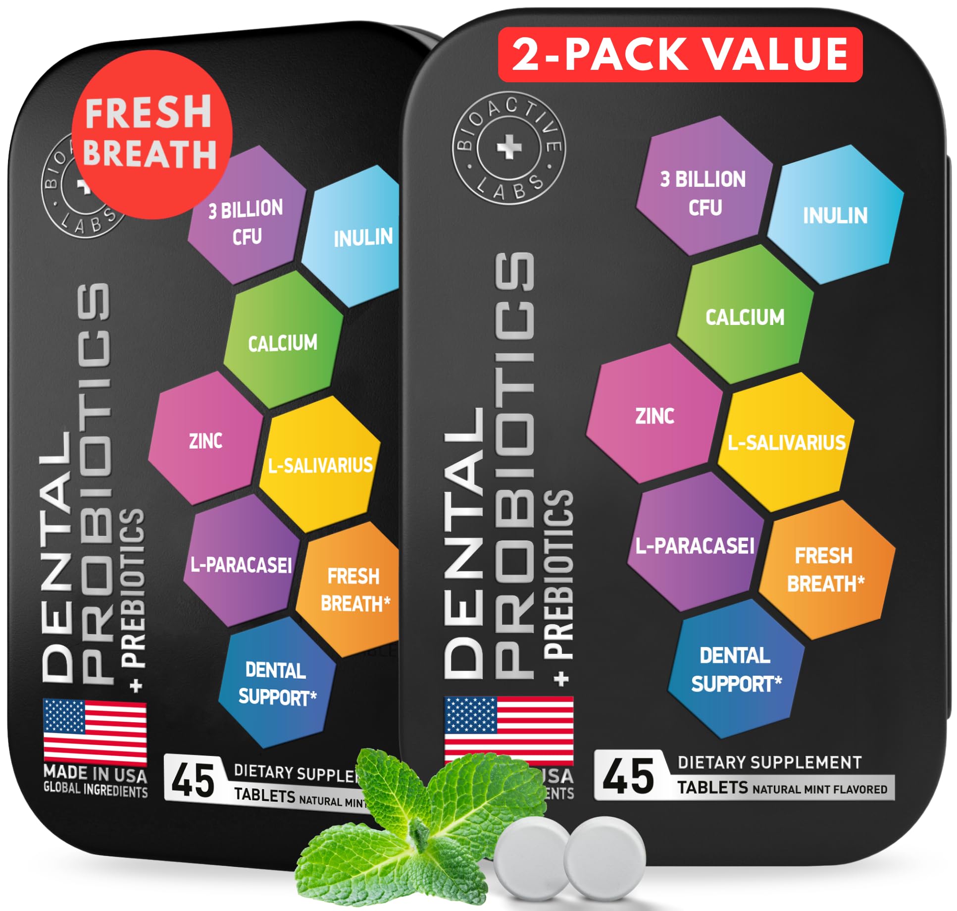 BIOACTIVE LABS dental probiotics mint tablets in bottle for fresh breath