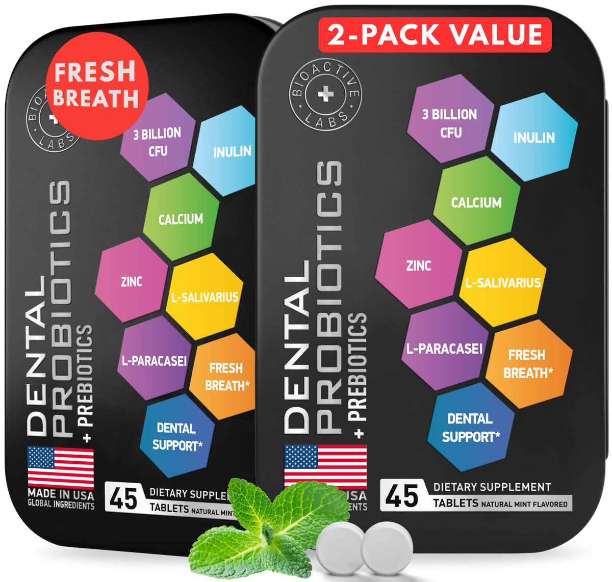 BIOACTIVE LABS dental probiotics mint tablets in bottle for fresh breath