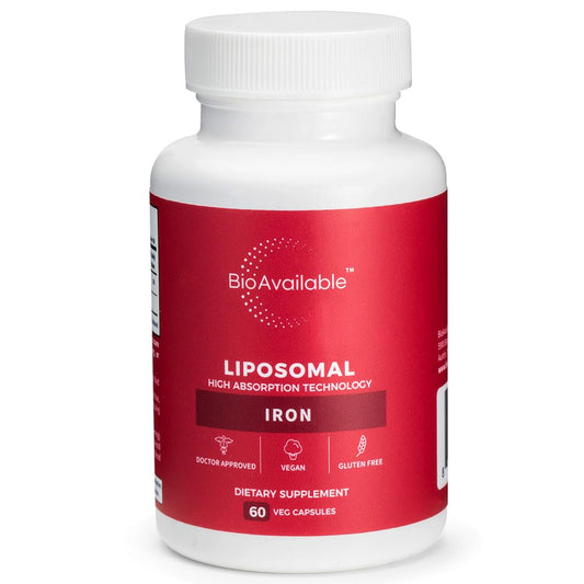 BioAvailable Liposomal Iron bottle on shelf, easy daily use for energy support.